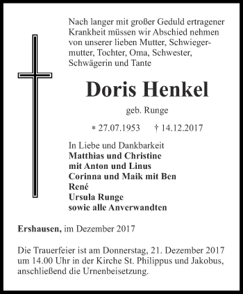 Traueranzeige von Doris Henkel von Thüringer Allgemeine