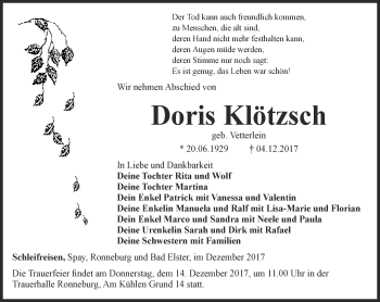 Traueranzeige von Doris Klötzsch von Ostthüringer Zeitung