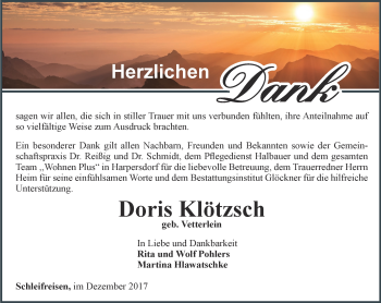 Traueranzeige von Doris Klötzsch von Ostthüringer Zeitung