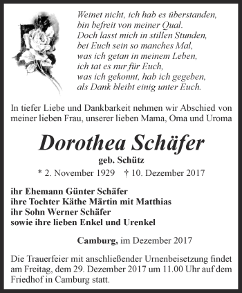 Traueranzeige von Dorothea Schäfer von Ostthüringer Zeitung, Thüringische Landeszeitung