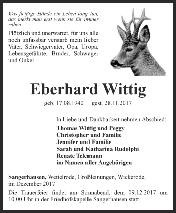 Traueranzeige von Eberhard Wittig von Thüringer Allgemeine