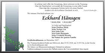 Traueranzeige von Eckhard Hänsgen von Thüringer Allgemeine, Thüringische Landeszeitung