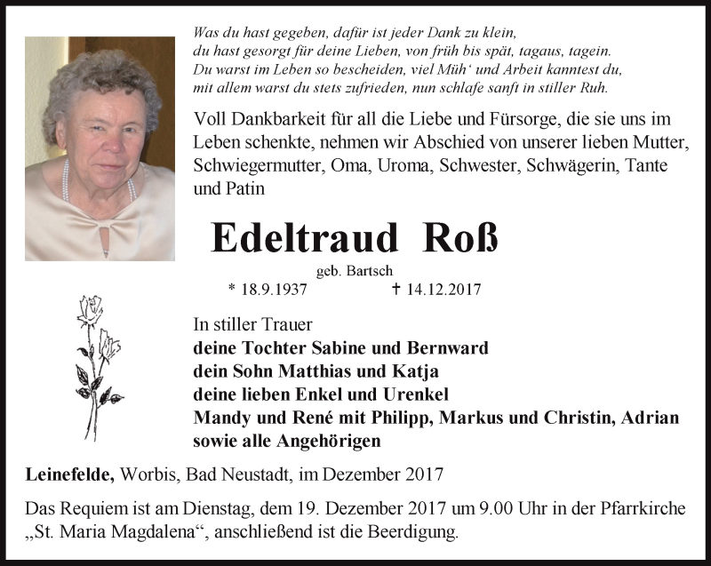  Traueranzeige für Edeltraud Roß vom 16.12.2017 aus Thüringer Allgemeine