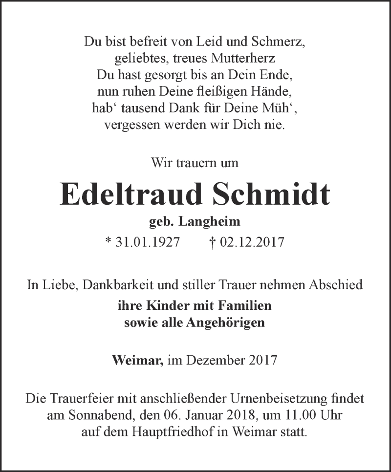  Traueranzeige für Edeltraud Schmidt vom 16.12.2017 aus Thüringer Allgemeine, Thüringische Landeszeitung