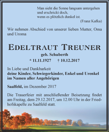 Traueranzeige von Edeltraud Treuner von Ostthüringer Zeitung