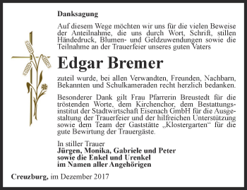 Traueranzeige von Edgar Bremer von Thüringer Allgemeine, Thüringische Landeszeitung