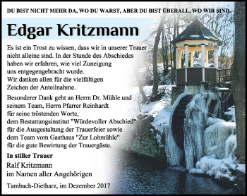 Traueranzeige von Edgar Kritzmann von Ostthüringer Zeitung, Thüringische Landeszeitung