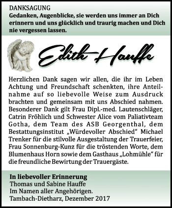 Traueranzeige von Edith Hauffe von Ostthüringer Zeitung, Thüringische Landeszeitung