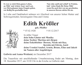 Traueranzeige von Edith Krößler von Ostthüringer Zeitung