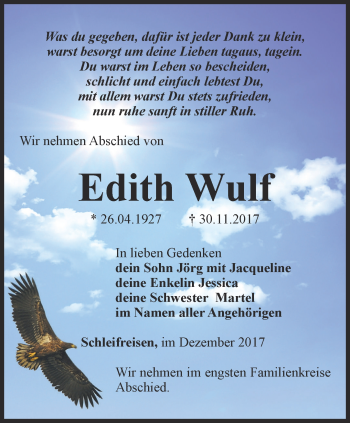 Traueranzeige von Edith Wulf von Ostthüringer Zeitung