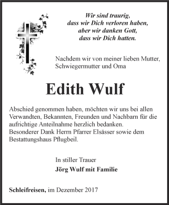 Traueranzeige von Edith Wulf von Ostthüringer Zeitung