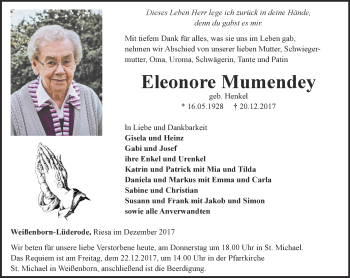 Traueranzeige von Eleonore Mumendey von Thüringer Allgemeine