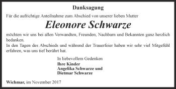 Traueranzeige von Eleonore Schwarze von Ostthüringer Zeitung, Thüringische Landeszeitung