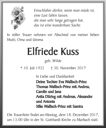 Traueranzeige von Elfriede Kuss von Thüringer Allgemeine, Thüringische Landeszeitung