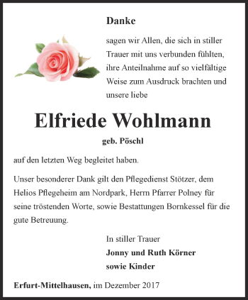 Traueranzeige von Elfriede Wohlmann von Thüringer Allgemeine, Thüringische Landeszeitung