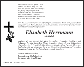Traueranzeige von Elisabeth Herrmann von Ostthüringer Zeitung