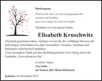 Traueranzeige von Elisabeth Kruschwitz von Ostthüringer Zeitung