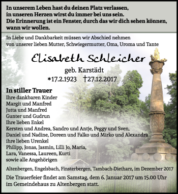 Traueranzeige von Elisabeth Schleicher von Ostthüringer Zeitung, Thüringische Landeszeitung