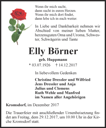 Traueranzeige von Elly Börner von Thüringer Allgemeine, Thüringische Landeszeitung