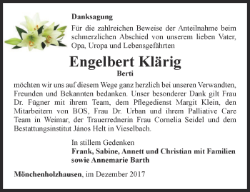 Traueranzeige von Engelbert Klärig von Thüringer Allgemeine, Thüringische Landeszeitung