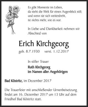 Traueranzeige von Erich Kirchgeorg von Ostthüringer Zeitung