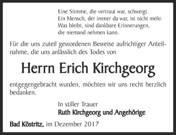 Traueranzeige von Erich Kirchgeorg von Ostthüringer Zeitung