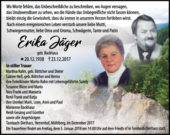 Traueranzeige von Erika Jäger von Ostthüringer Zeitung, Thüringische Landeszeitung