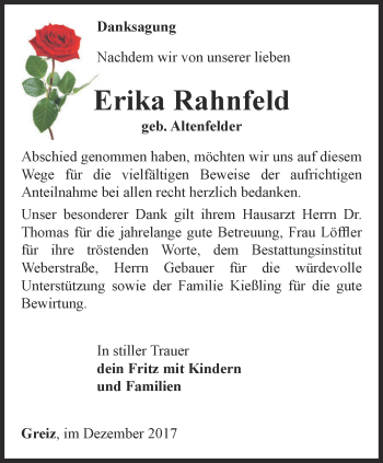 Traueranzeige von Erika Rahnfeld von Ostthüringer Zeitung