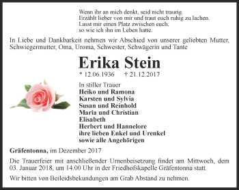 Traueranzeige von Erika Stein von Thüringer Allgemeine, Thüringische Landeszeitung