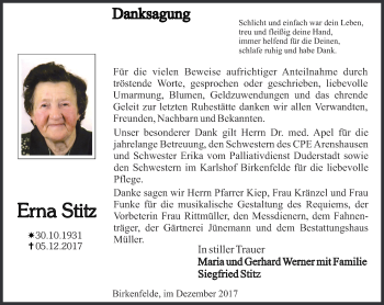 Traueranzeige von Erika Stitz von Thüringer Allgemeine