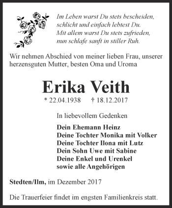 Traueranzeige von Erika Veith von Thüringer Allgemeine, Thüringische Landeszeitung