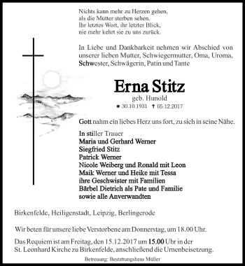 Traueranzeige von Erna Stitz von Thüringer Allgemeine