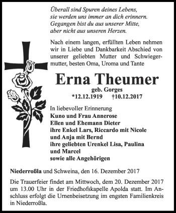 Traueranzeige von Erna Theumer von Thüringer Allgemeine, Thüringische Landeszeitung