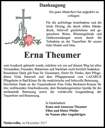 Traueranzeige von Erna Theumer von Thüringer Allgemeine, Thüringische Landeszeitung