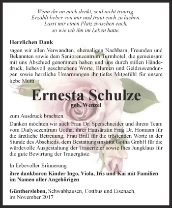 Traueranzeige von Ernesta Schulze von Ostthüringer Zeitung, Thüringische Landeszeitung