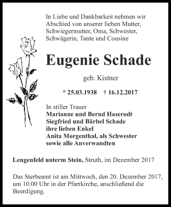 Traueranzeige von Eugenie Schade von Thüringer Allgemeine, Thüringische Landeszeitung