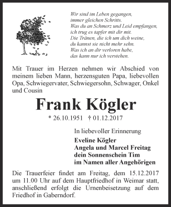 Traueranzeige von Frank Kögler von Thüringer Allgemeine, Thüringische Landeszeitung