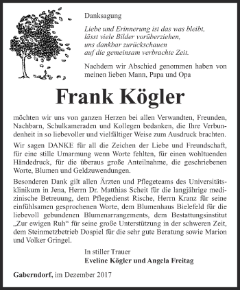 Traueranzeige von Frank Kögler von Thüringer Allgemeine, Thüringische Landeszeitung