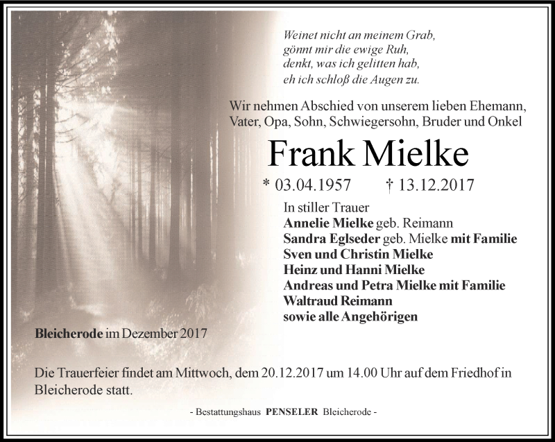  Traueranzeige für Frank Mielke vom 16.12.2017 aus Thüringer Allgemeine