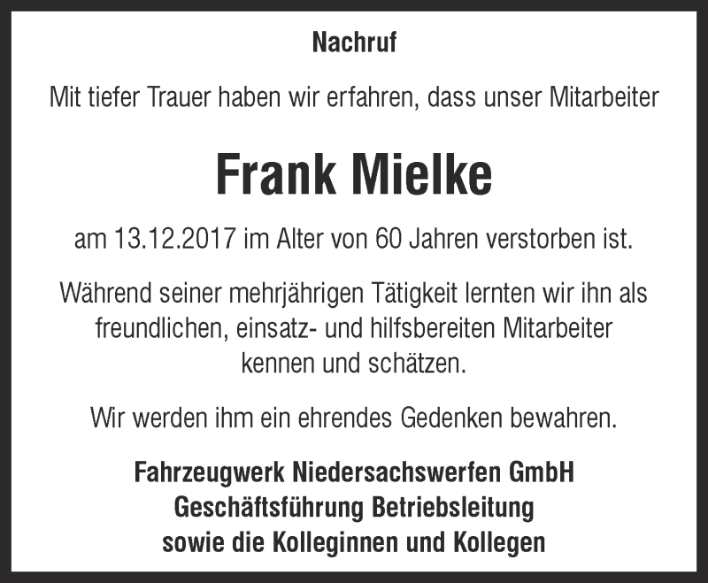  Traueranzeige für Frank Mielke vom 27.12.2017 aus Thüringer Allgemeine
