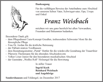 Traueranzeige von Franz Weisbach von Thüringer Allgemeine