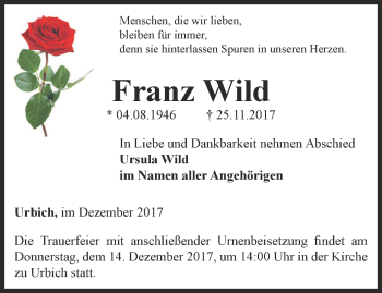 Traueranzeige von Franz Wild von Thüringer Allgemeine, Thüringische Landeszeitung