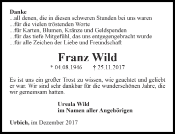 Traueranzeige von Franz Wild von Thüringer Allgemeine, Thüringische Landeszeitung