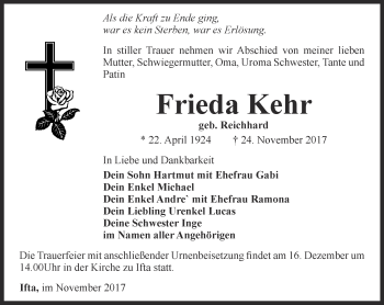 Traueranzeige von Frieda Kehr von Thüringer Allgemeine, Thüringische Landeszeitung