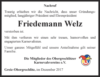 Traueranzeige von Friedemann Welz von Ostthüringer Zeitung