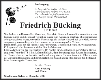 Traueranzeige von Friedrich Bücking von Thüringer Allgemeine