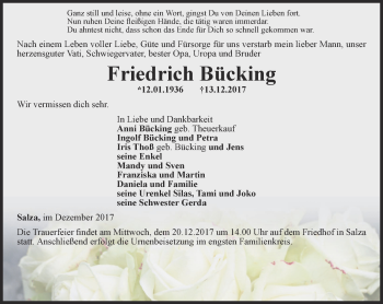 Traueranzeige von Friedrich Bücking von Thüringer Allgemeine