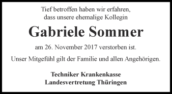 Traueranzeige von Gabriele Sommer von Ostthüringer Zeitung, Thüringische Landeszeitung