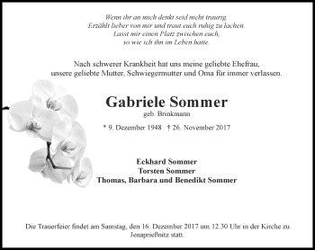Traueranzeige von Gabriele Sommer von Ostthüringer Zeitung, Thüringische Landeszeitung
