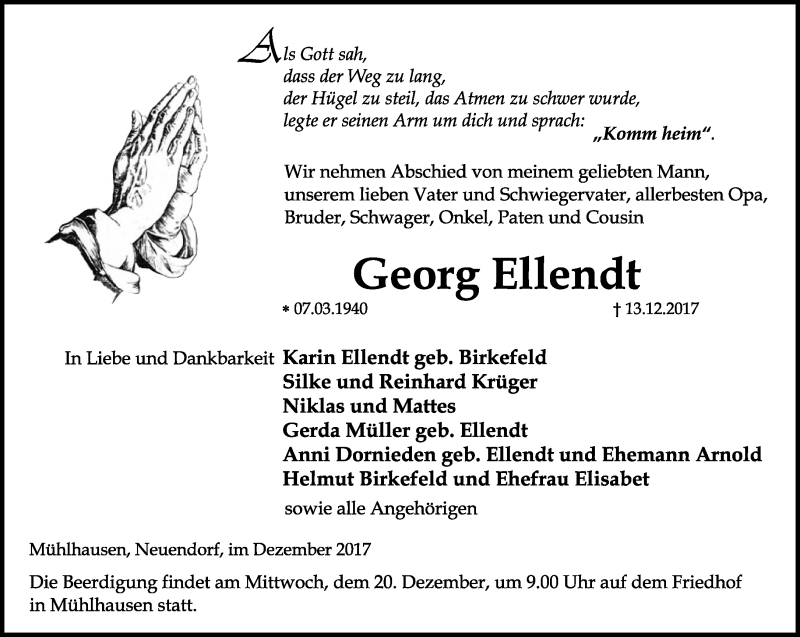  Traueranzeige für Georg Ellendt vom 16.12.2017 aus Thüringer Allgemeine, Thüringische Landeszeitung